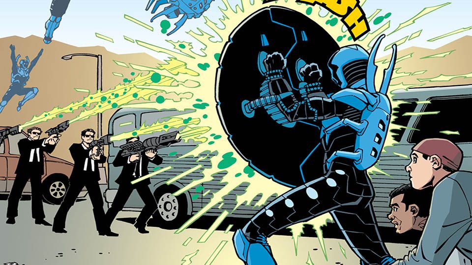 superhero with shield 
blue beetle