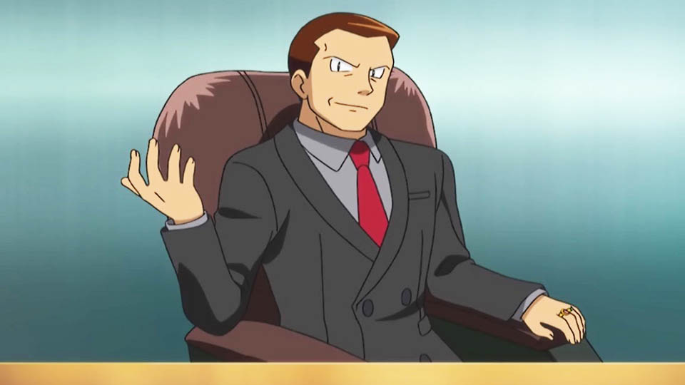 Giovanni from Pokemon, sitting in a chair, looking evil